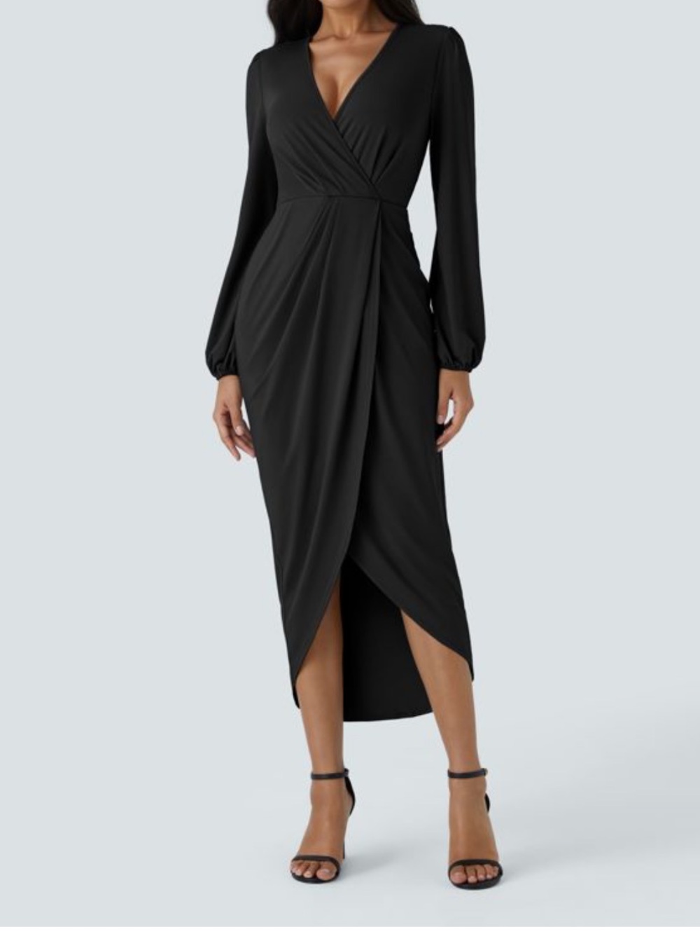 💗NWT Halara V Neck Long Sleeve Tulip Hem Midi Dress Black - Size Large